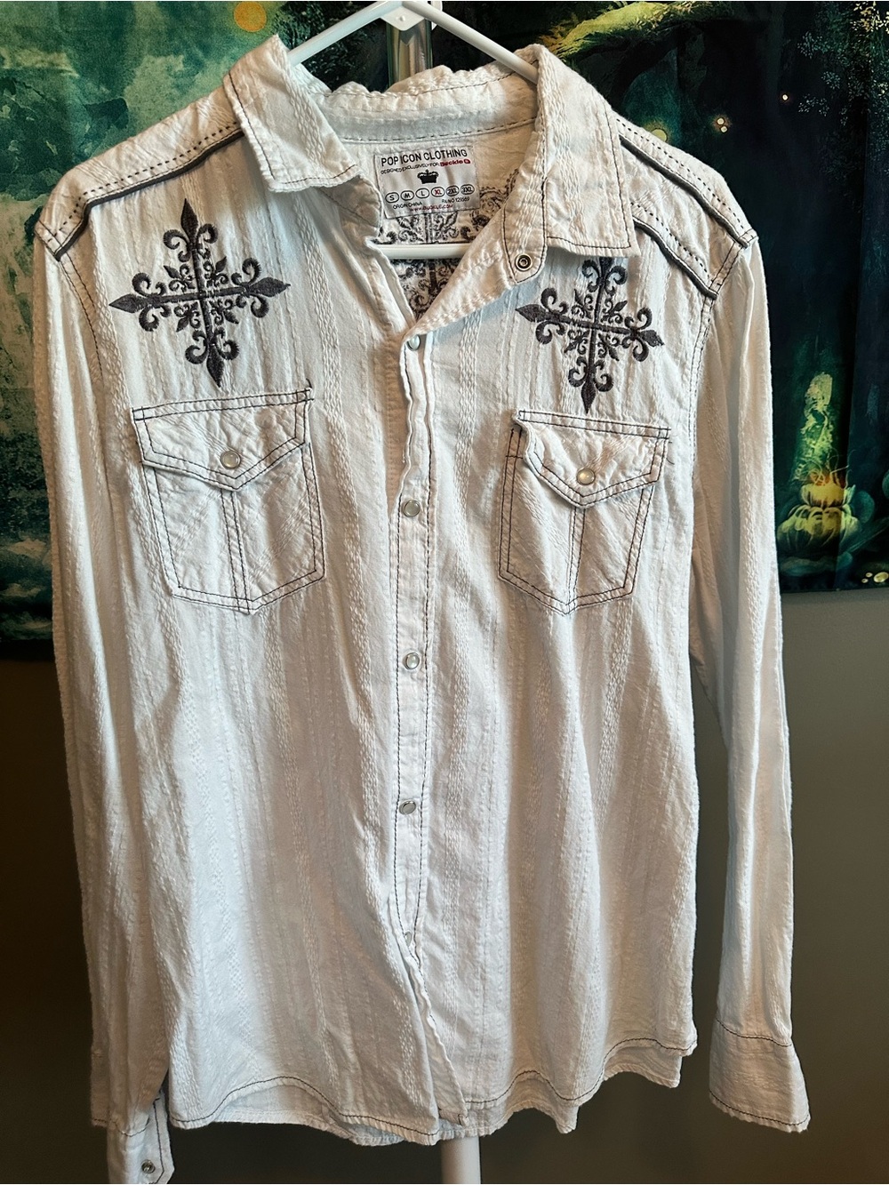 Buckle Men’s White Button-Down Shirt with Dark Embroidered Cross Accents
